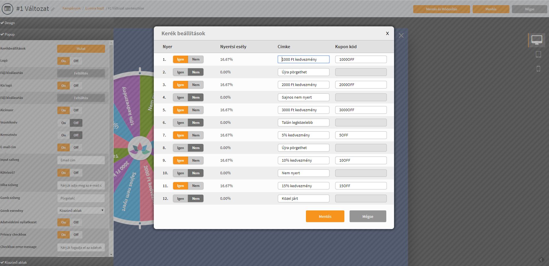 Lumire szerencsekerék popup beállítások