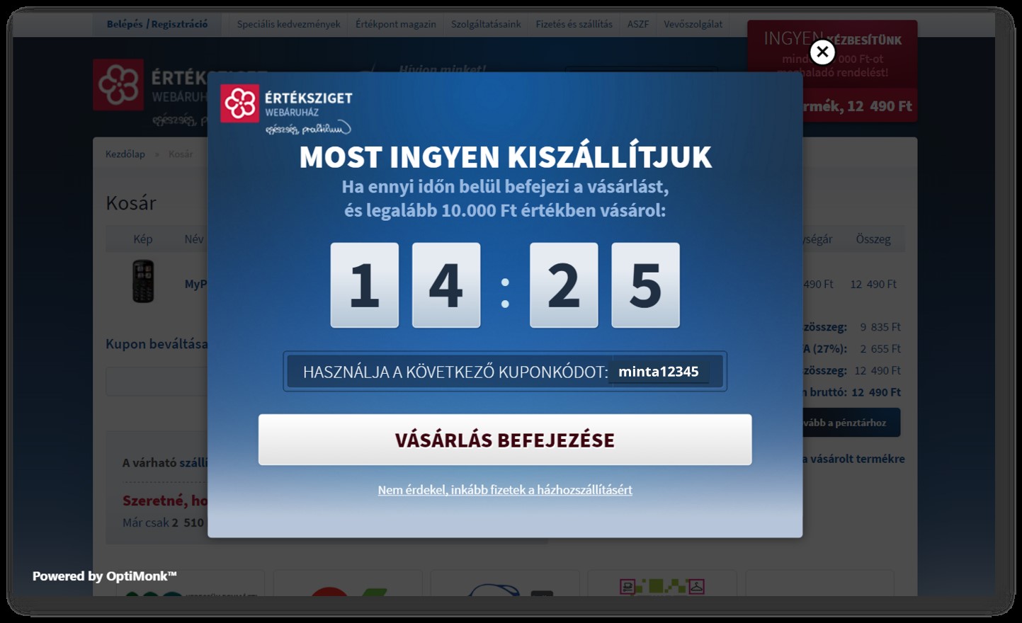 Kosárelhagyás csökkentése popup