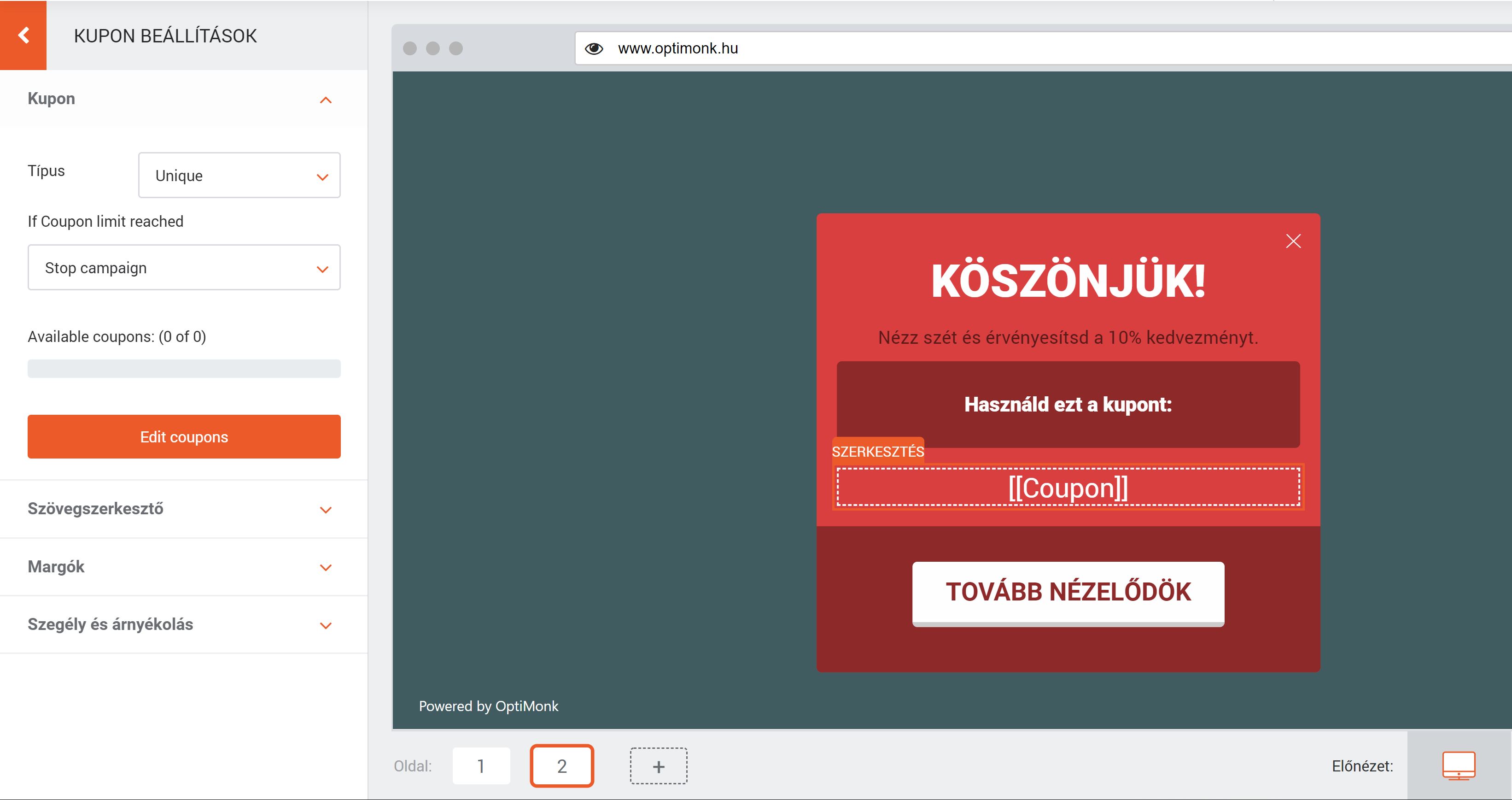 optimonk kupon beállítások