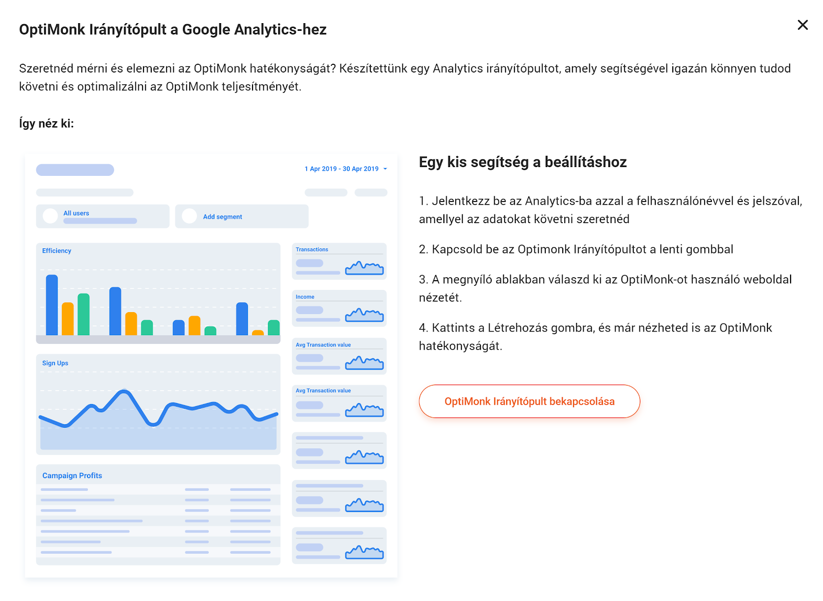 OptiMonk irányítópult a Google Analyticshez