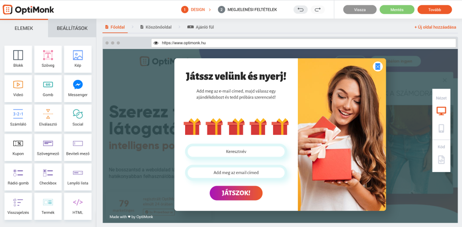 Ajándékválasztó popup beállítások