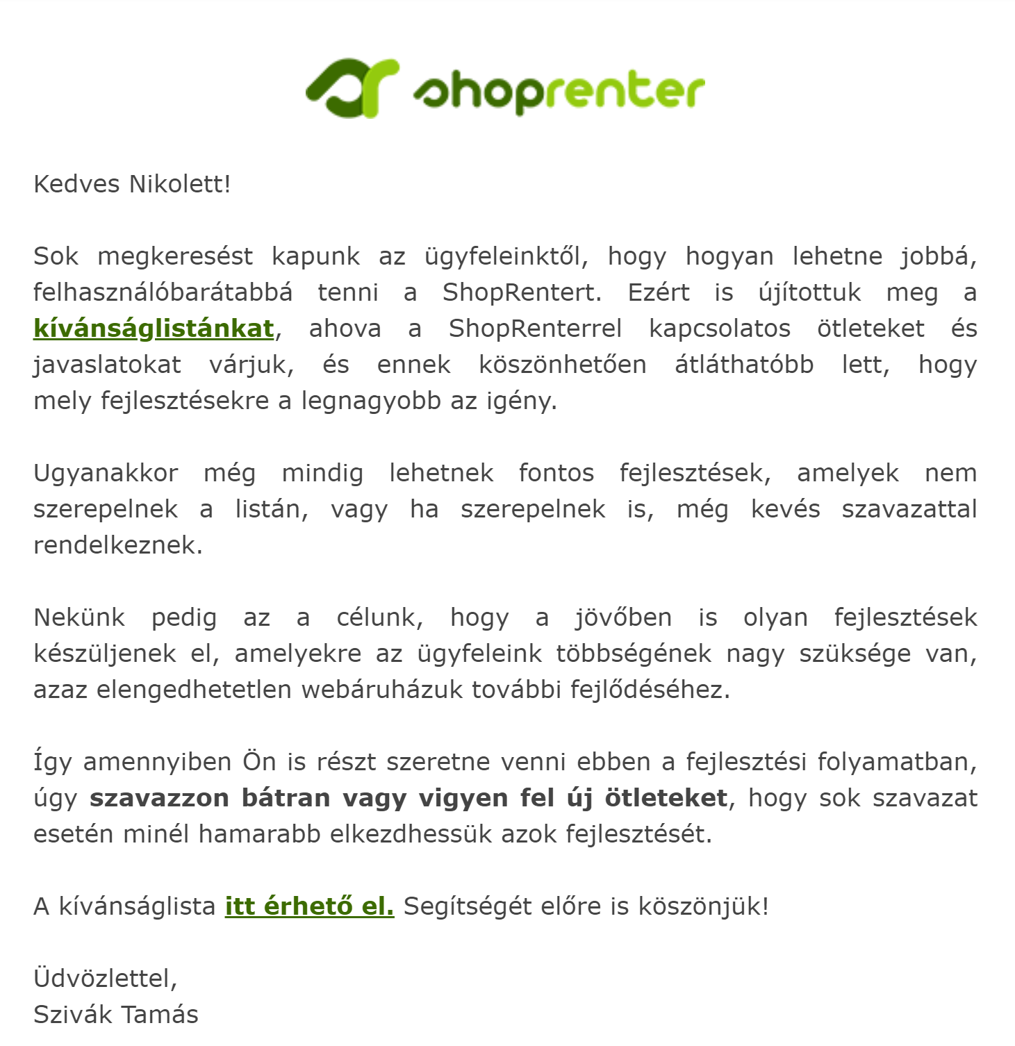 ShopRenter kívánságlista email