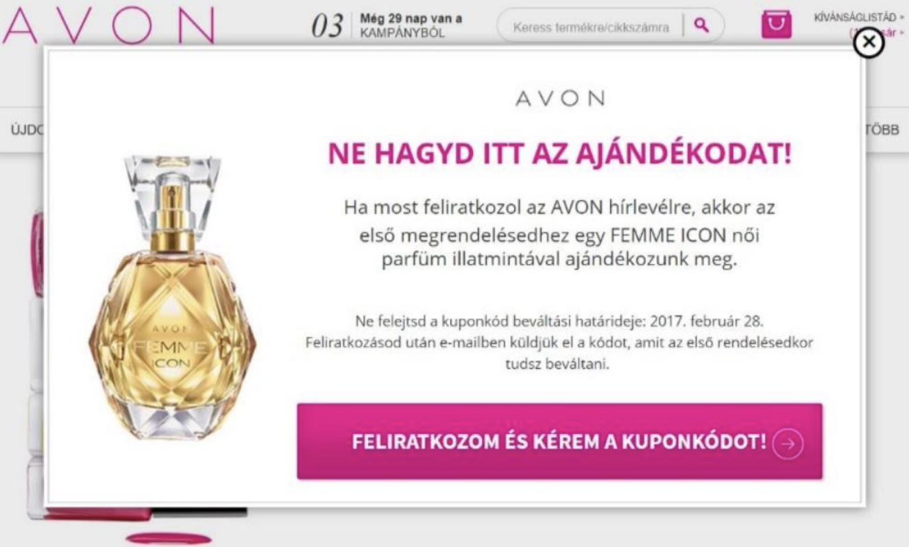 AVON ingyenes termékmninta popup