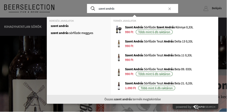 Beerselection webáruház keresőmező