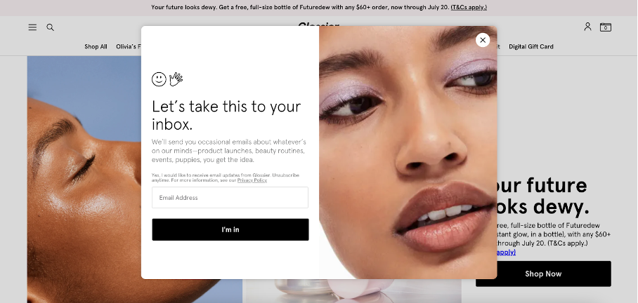 Glossier is using a friendly copy as they build personal connection with their customers.