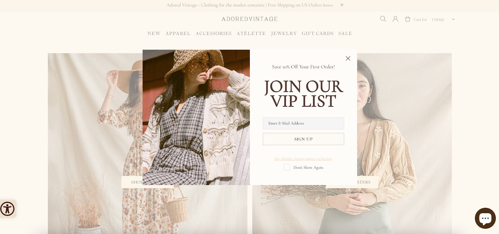 Adored Vintage pop up example showing us the power of exclusivity.