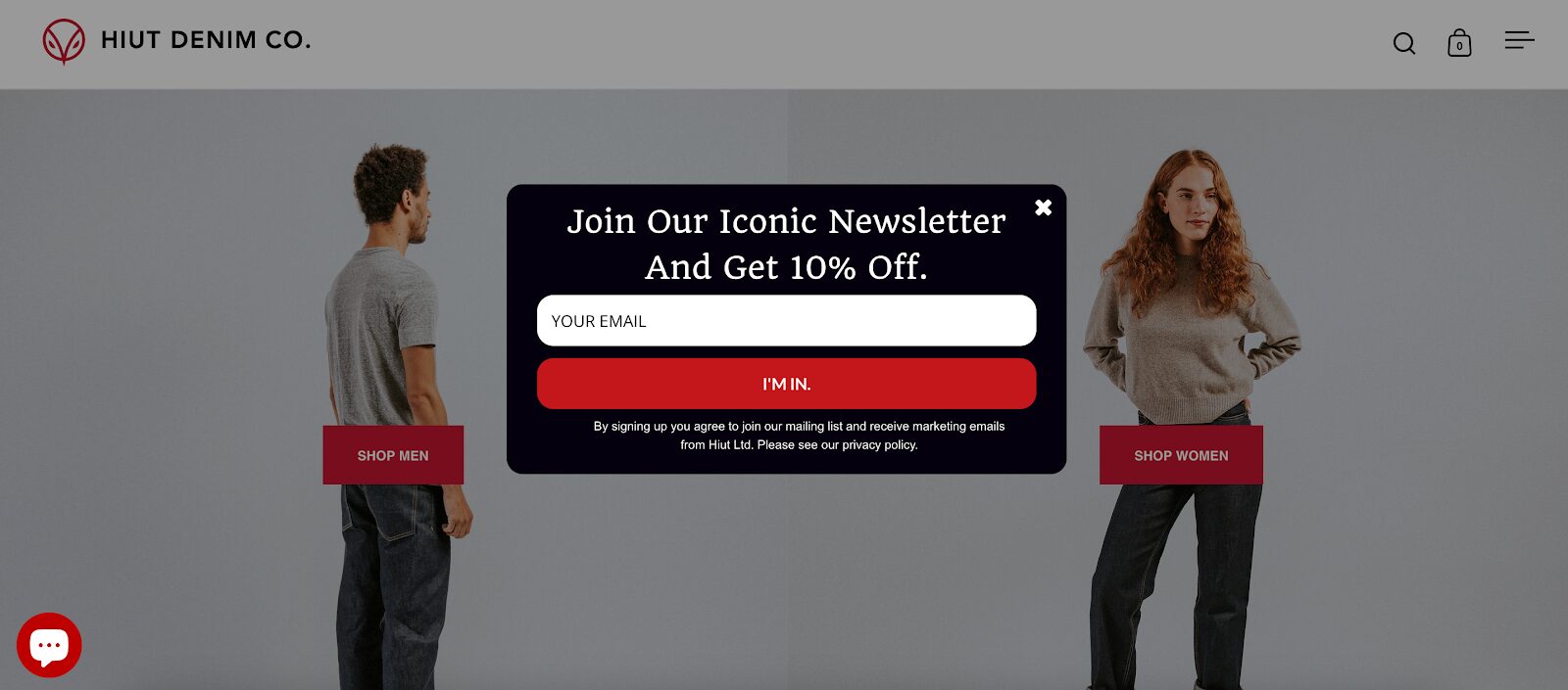 Hiut Denim Co. calling their newsletter iconic on their pop up form.