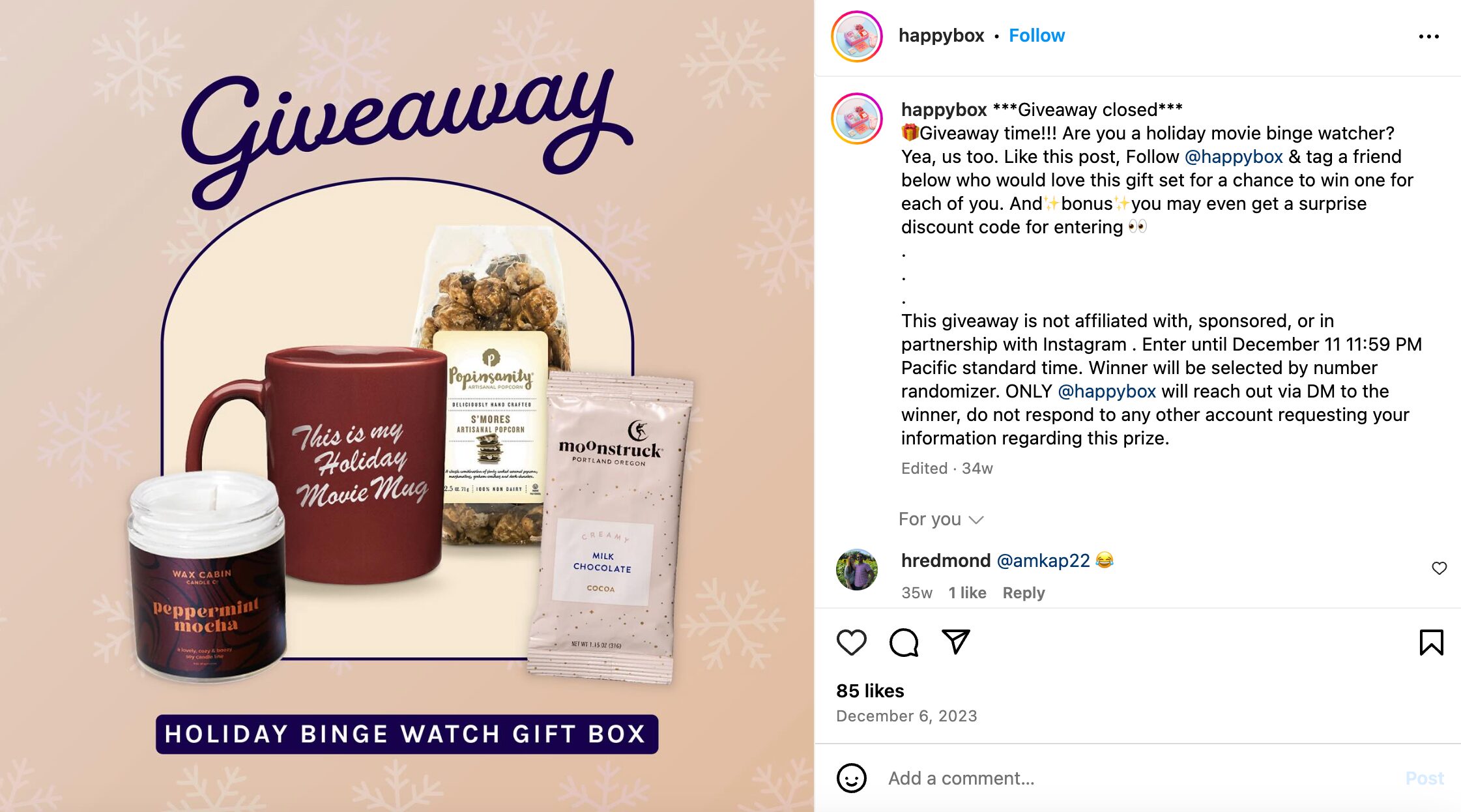 Happy Box Christmas giveaway on Instagram