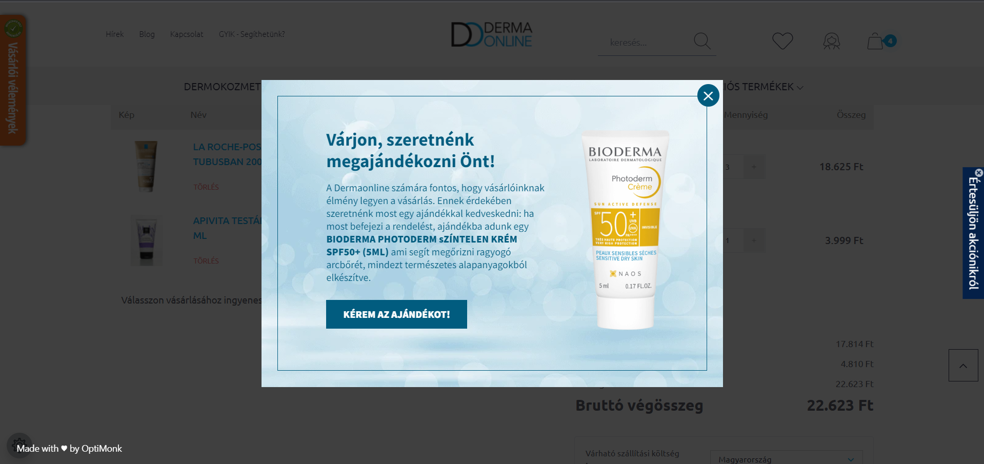 Dermaonline kosárelhagyó popup