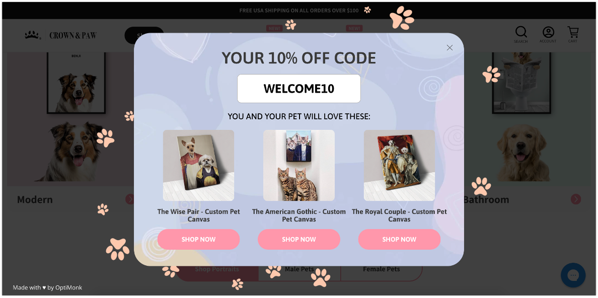 Crown and Paw showing the discount code